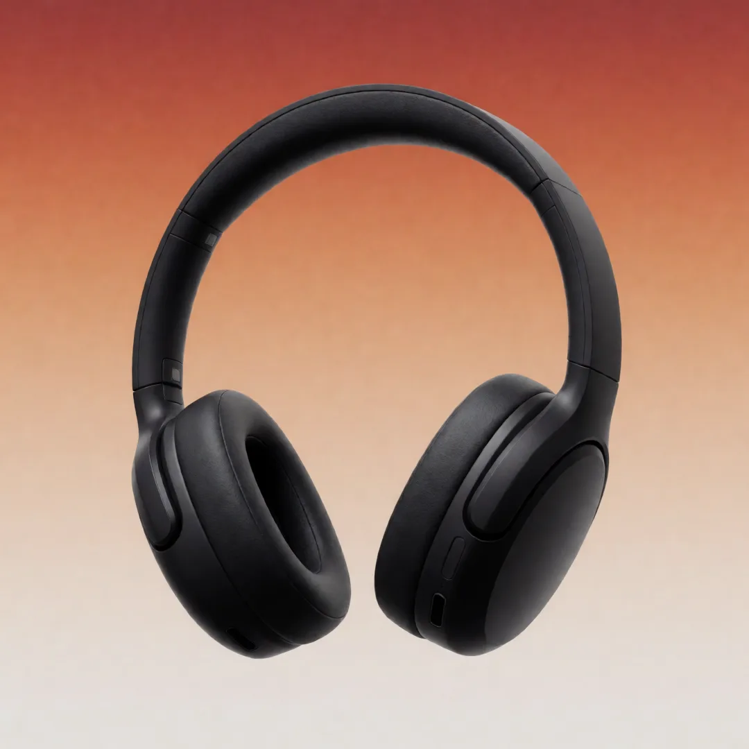 matte black wireless headphones floating over a gradient backdrop, product render, soft studio lighting